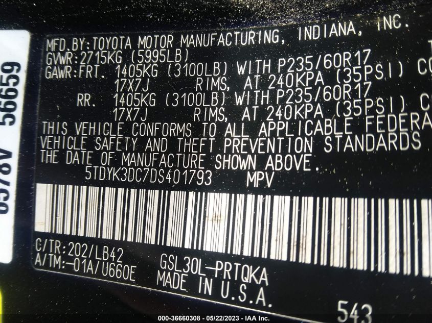 2013 TOYOTA SIENNA XLE AAS/XLE/LTD - 5TDYK3DC7DS401793