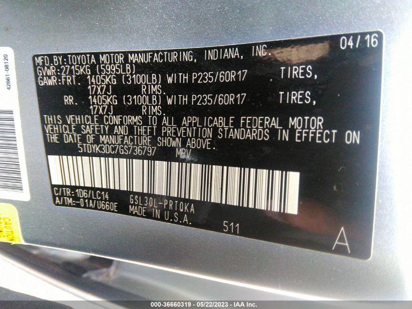 2016 TOYOTA SIENNA XLE/XLE AAS/LTD - 5TDYK3DC7GS736797