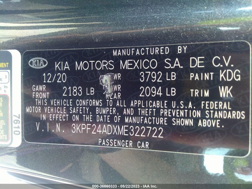 2021 KIA FORTE LXS - 3KPF24ADXME322722