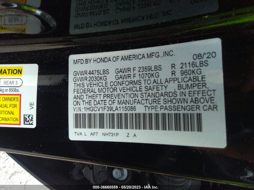 VIN 1HGCV1F39LA115086 2020 HONDA ACCORD SEDAN SPORT