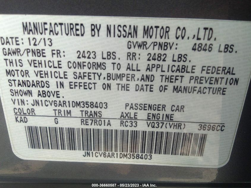 2013 INFINITI G37 SEDAN X JN1CV6AR1DM358403