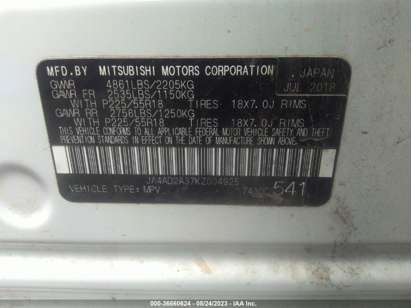 2019 MITSUBISHI OUTLANDER ES - JA4AD2A37KZ004925