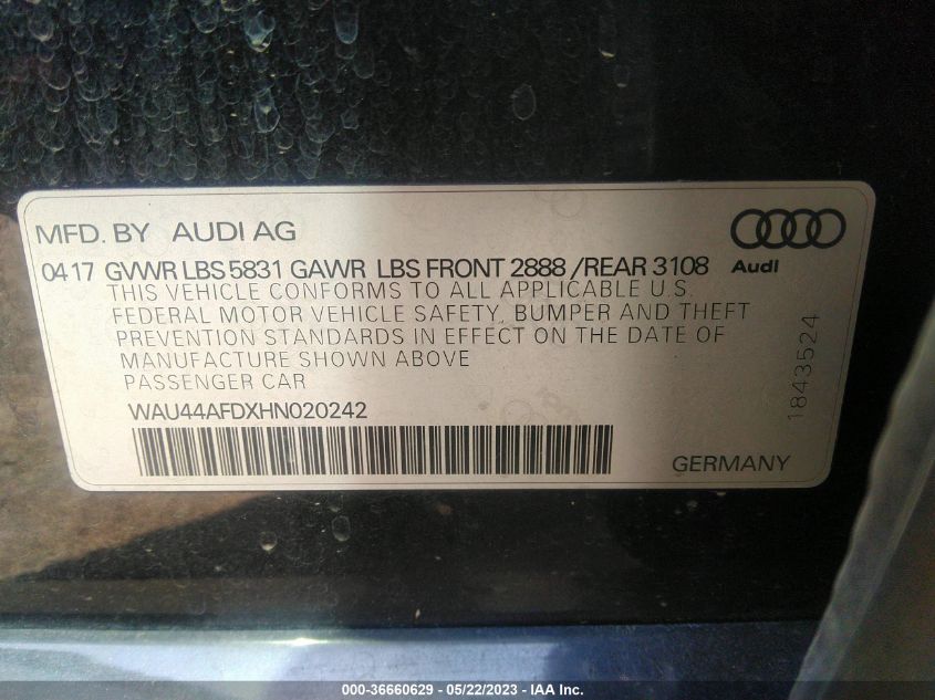 2017 AUDI A8 L WAU44AFDXHN020242