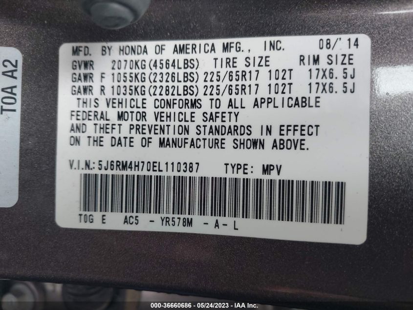 2014 HONDA CR-V EX-L - 5J6RM4H70EL110387