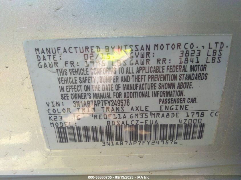 2015 NISSAN SENTRA SR/SL/S/SV/FE+ S - 3N1AB7AP7FY249576