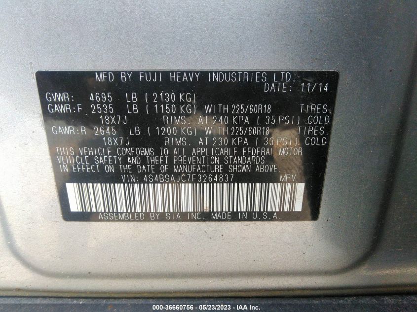 2015 SUBARU OUTBACK 2.5I LIMITED - 4S4BSAJC7F3264837