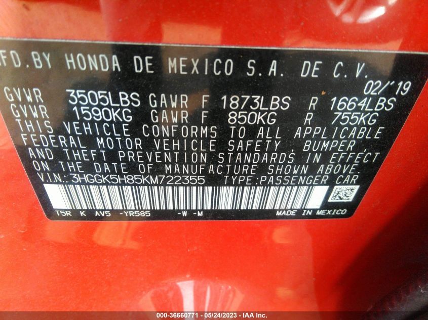 2019 HONDA FIT EX - 3HGGK5H85KM722355