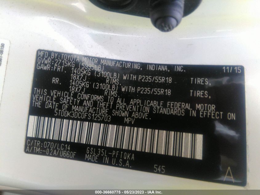 2015 TOYOTA SIENNA XLE - 5TDDK3DC0FS125703