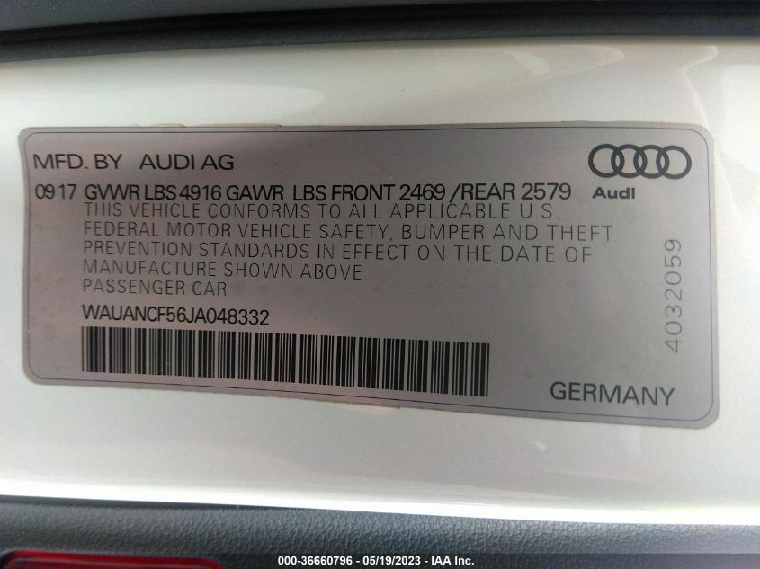 2018 AUDI A5 SPORTBACK PREMIUM - WAUANCF56JA048332