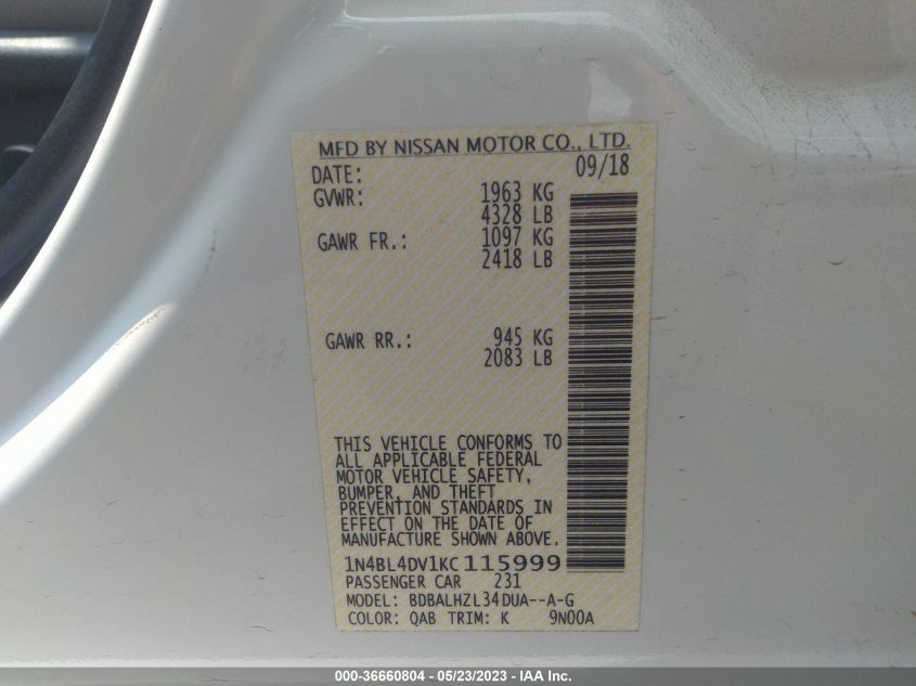 2019 NISSAN ALTIMA 2.5 SV - 1N4BL4DV1KC115999
