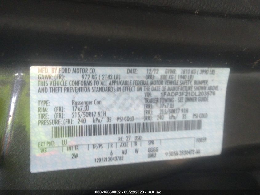 2013 FORD FOCUS SE - 1FADP3F21DL203576