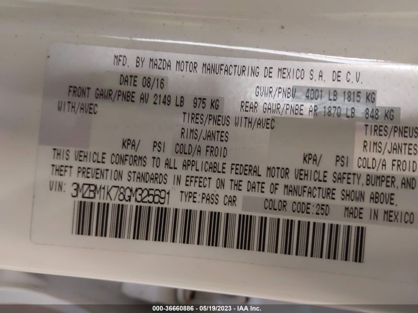 2016 MAZDA MAZDA3 I SPORT - 3MZBM1K78GM325691