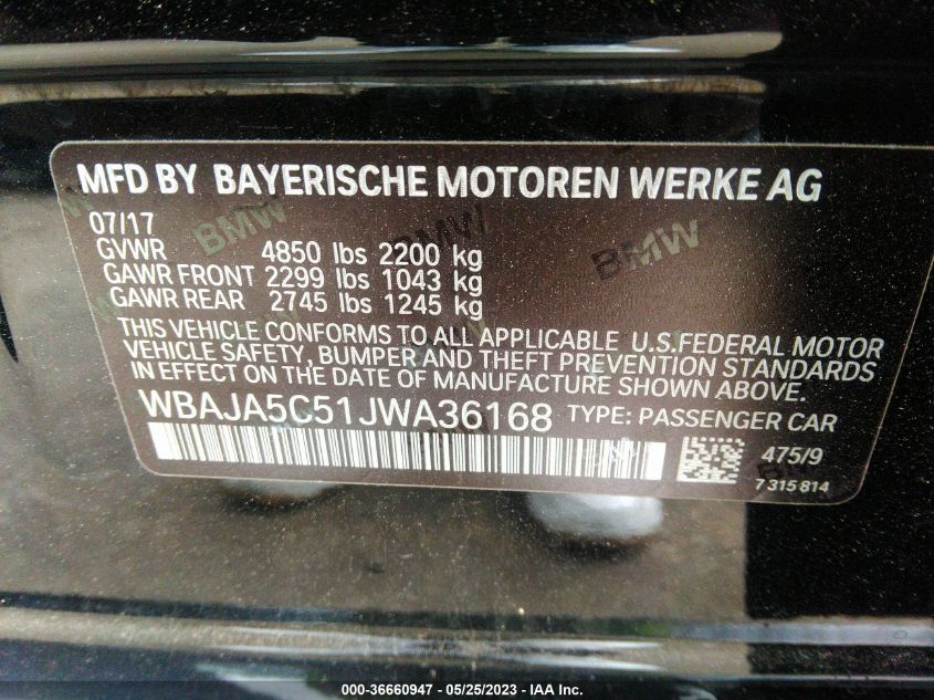 2018 BMW 5 SERIES 530I - WBAJA5C51JWA36168