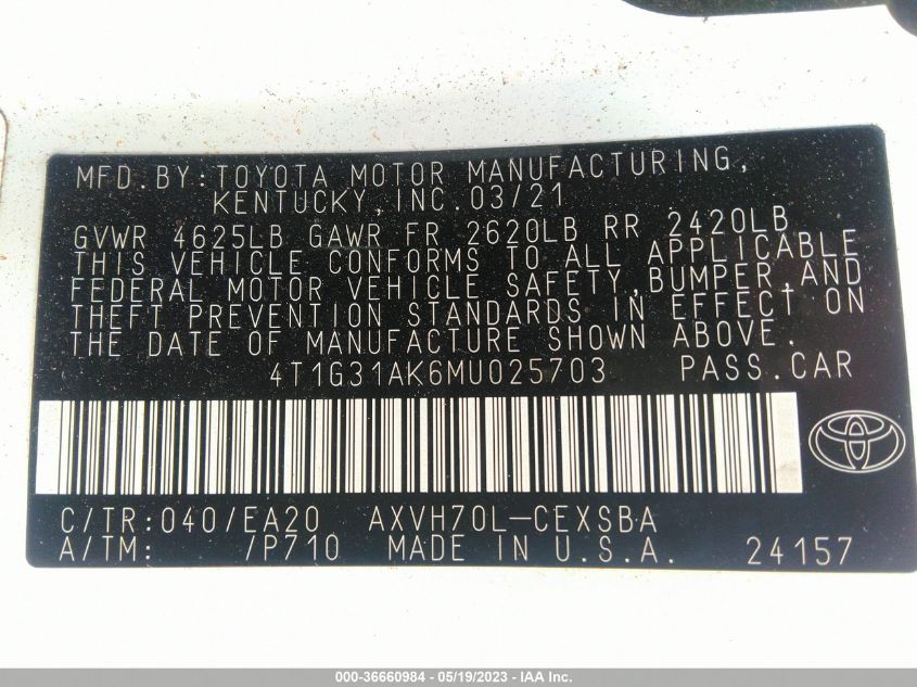 2021 TOYOTA CAMRY HYBRID SE - 4T1G31AK6MU025703