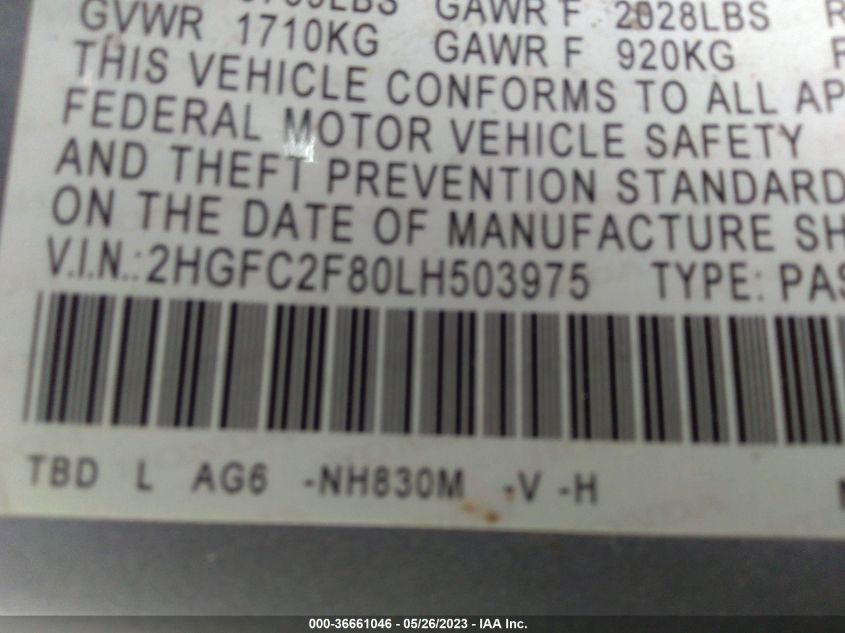 2020 HONDA CIVIC SEDAN SPORT - 2HGFC2F80LH503975