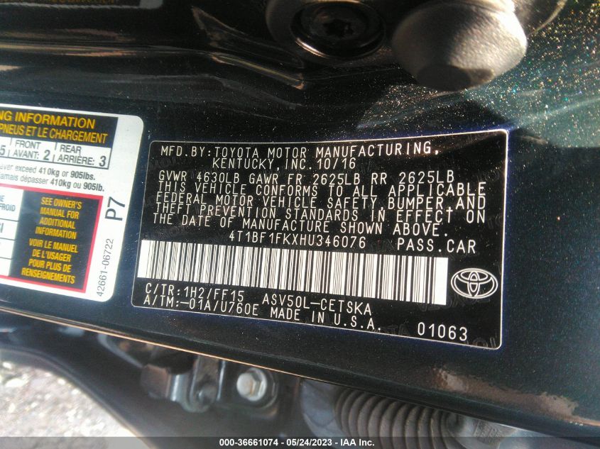 2017 TOYOTA CAMRY XLE/SE/LE/XSE - 4T1BF1FKXHU346076