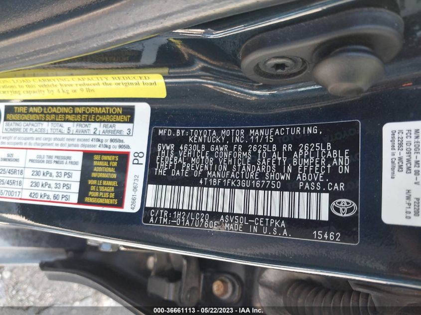 2016 TOYOTA CAMRY XLE/SE/LE/XSE - 4T1BF1FK3GU167750