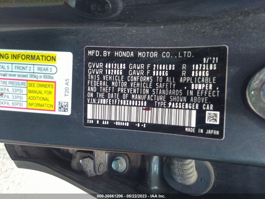 2022 HONDA CIVIC SEDAN EX - JHMFE1F79NX008360