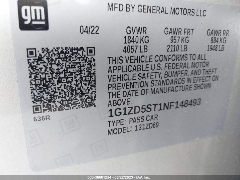 2022 CHEVROLET MALIBU LT - 1G1ZD5ST1NF148493