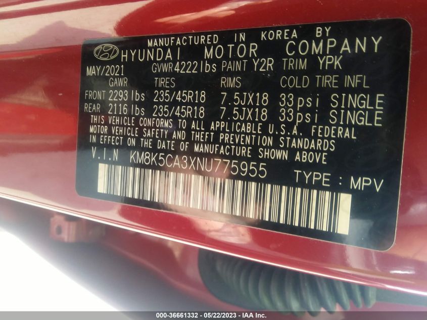 2022 HYUNDAI KONA LIMITED - KM8K5CA3XNU775955