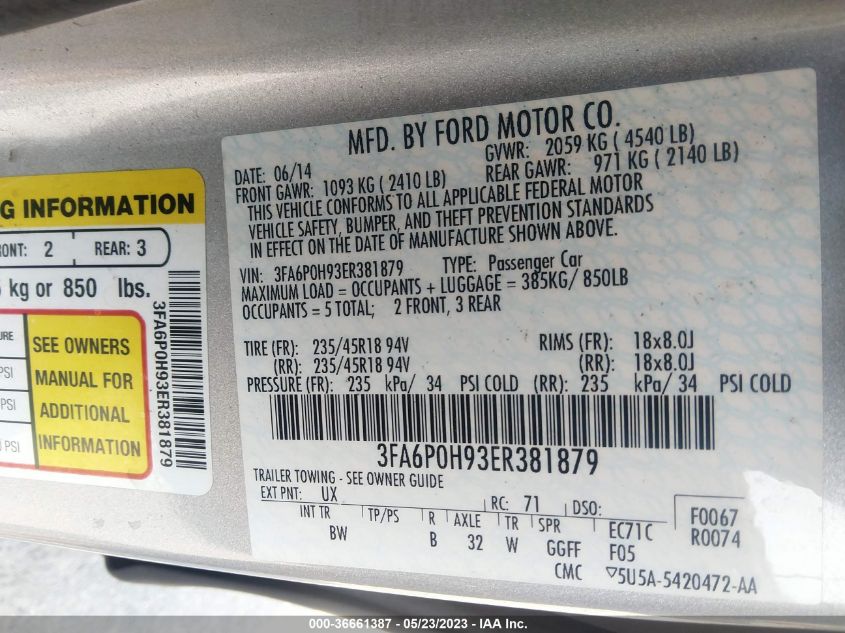 2014 FORD FUSION SE - 3FA6P0H93ER381879