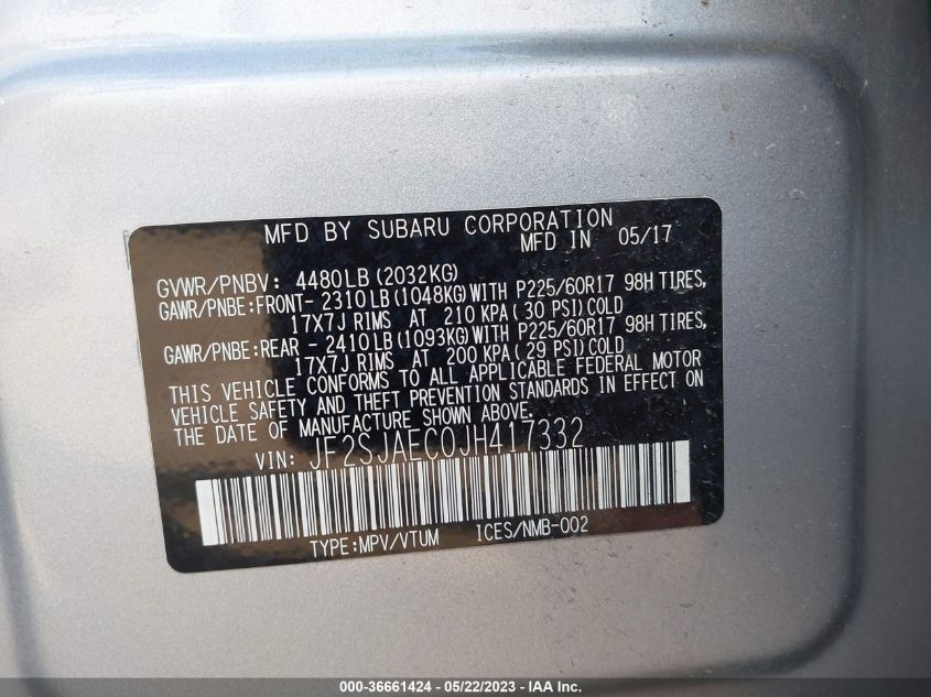 2018 SUBARU FORESTER PREMIUM - JF2SJAEC0JH417332
