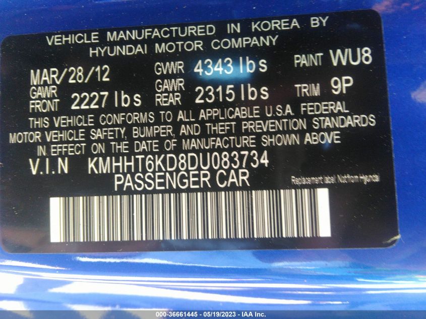 2013 HYUNDAI GENESIS COUPE 2.0T KMHHT6KD8DU083734