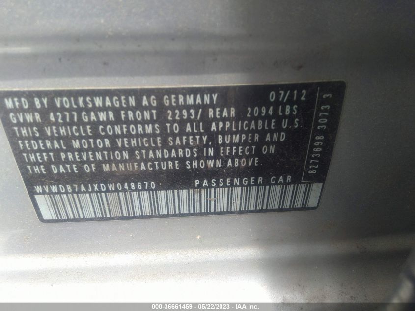 2013 VOLKSWAGEN GOLF W/CONV & SUNROOF - WVWDB7AJXDW048670