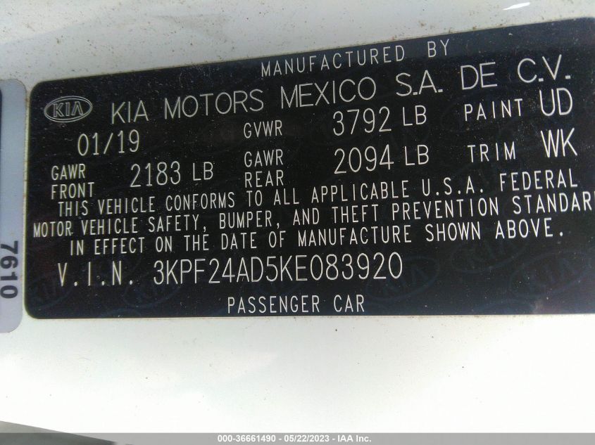 2019 KIA FORTE LXS - 3KPF24AD5KE083920