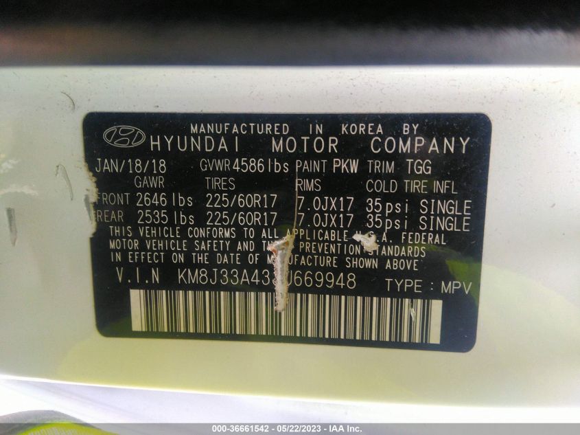 2018 HYUNDAI TUCSON SEL - KM8J33A43JU669948