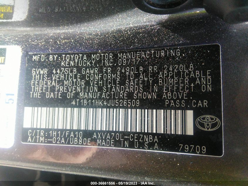 2018 TOYOTA CAMRY LE/SE/XLE/L - 4T1B11HK4JU526509