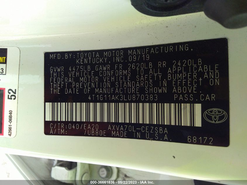 2020 TOYOTA CAMRY SE - 4T1G11AK3LU870383