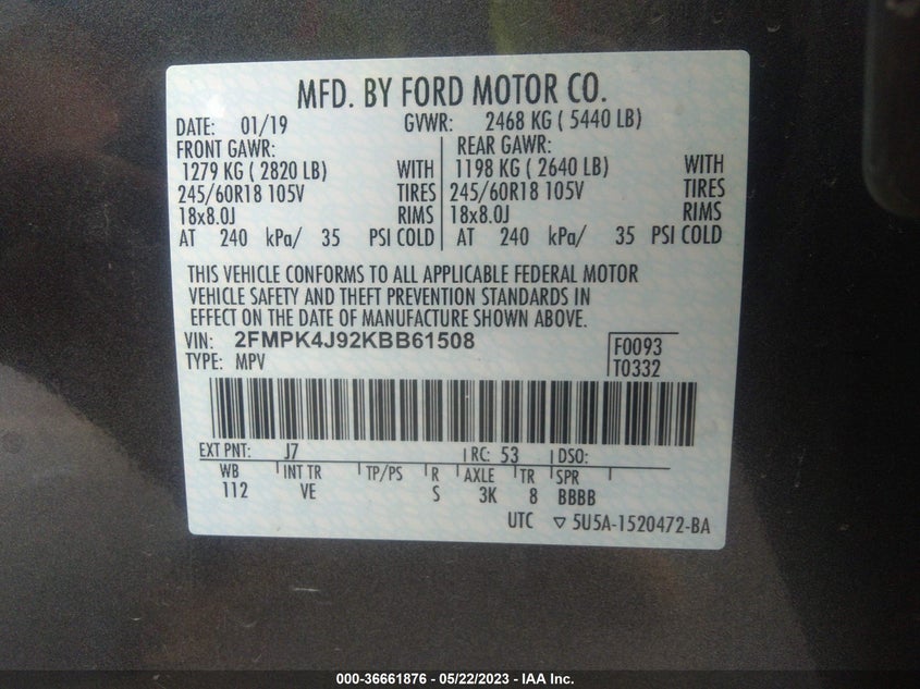 VIN 2FMPK4J92KBB61508 2019 FORD EDGE SEL