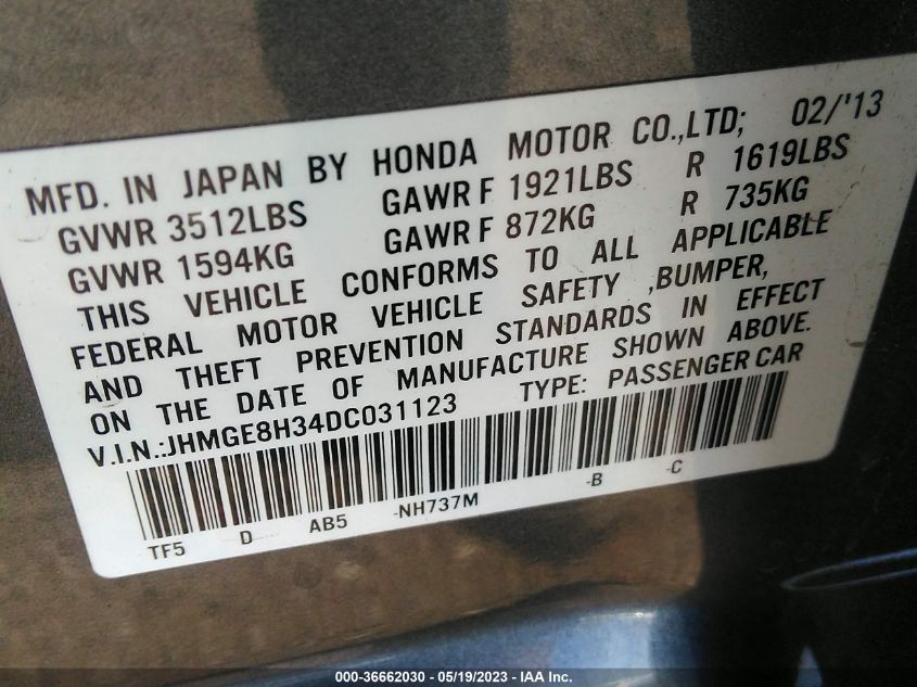 2013 HONDA FIT - JHMGE8H34DC031123