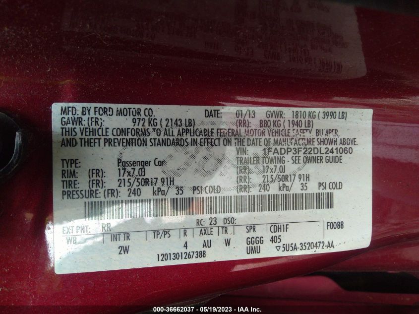 2013 FORD FOCUS SE - 1FADP3F22DL241060