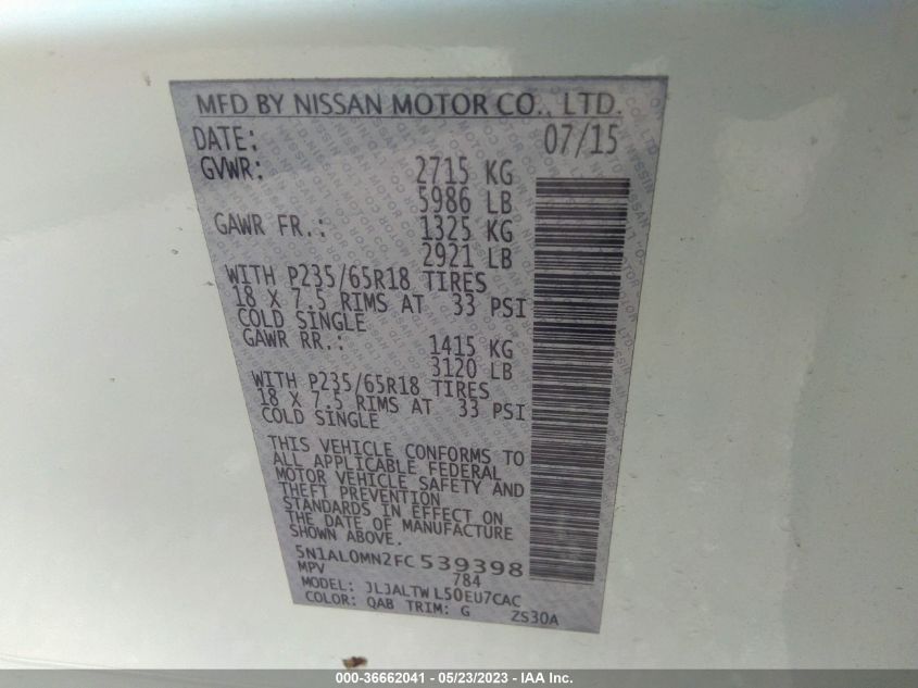 2015 INFINITI QX60 - 5N1AL0MN2FC539398