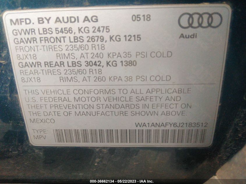 2018 AUDI Q5 PREMIUM/TECH PREMIUM - WA1ANAFY6J2183512