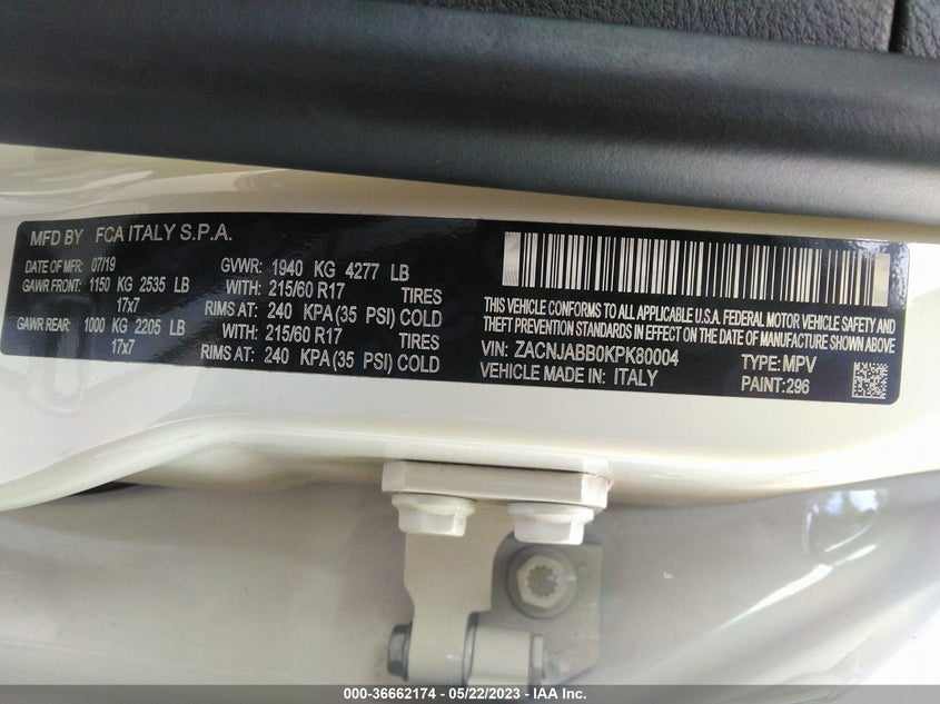 VIN ZACNJABB0KPK80004 2019 JEEP RENEGADE LATITUDE