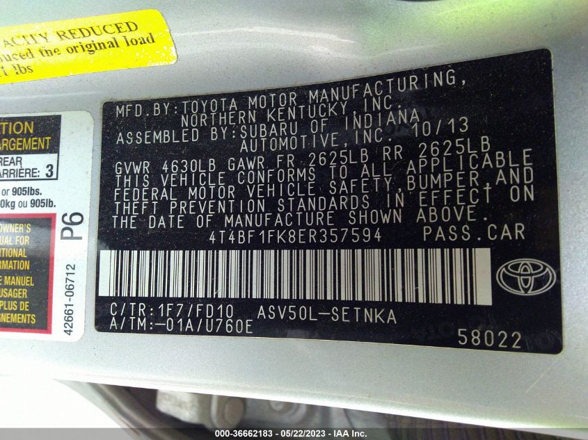 2014 TOYOTA CAMRY L/LE/XLE/SE/SE SPORT - 4T4BF1FK8ER357594