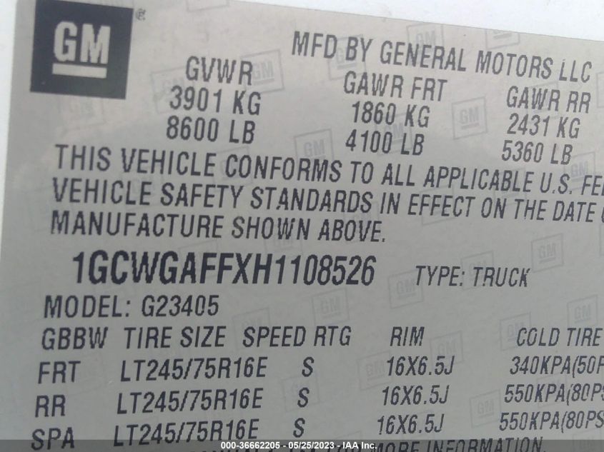 2017 CHEVROLET EXPRESS CARGO VAN - 1GCWGAFFXH1108526