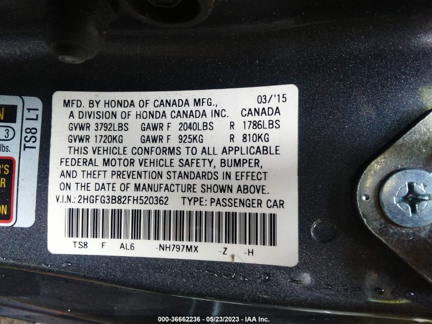 2015 HONDA CIVIC COUPE EX - 2HGFG3B82FH520362
