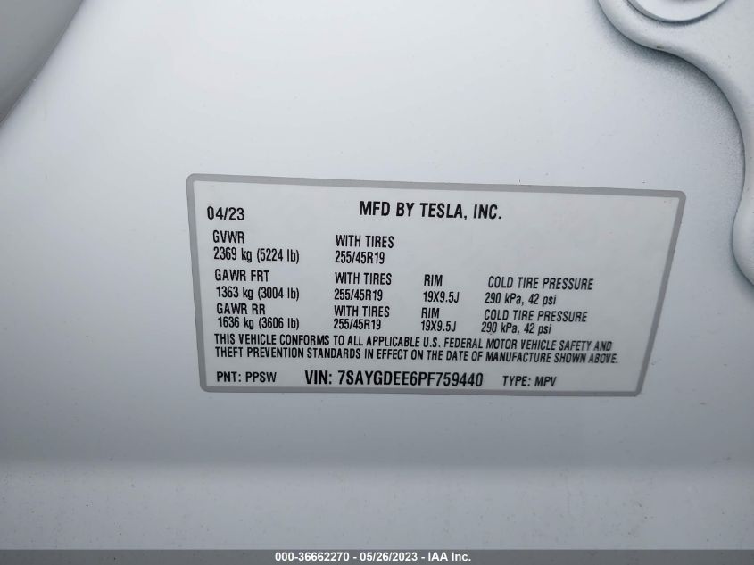 2023 TESLA MODEL Y LONG RANGE - 7SAYGDEE6PF759440