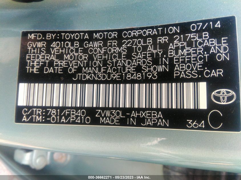 2014 TOYOTA PRIUS FOUR/FIVE/THREE/ONE/TWO - JTDKN3DU9E1848193