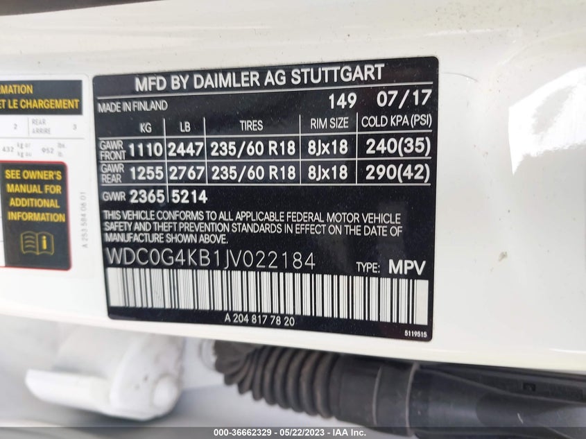 VIN WDC0G4KB1JV022184 2018 MERCEDES-BENZ GLC GLC 300