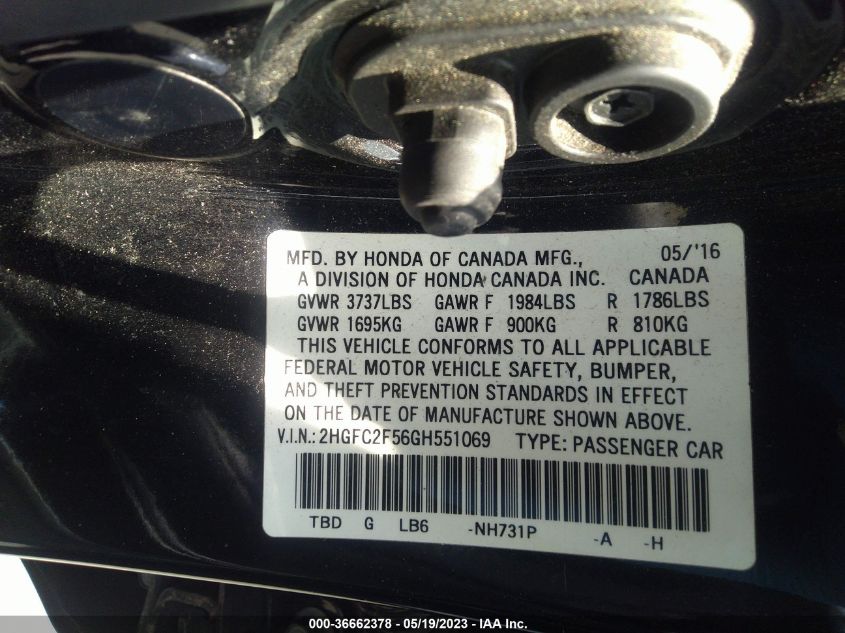 2016 HONDA CIVIC SEDAN LX - 2HGFC2F56GH551069