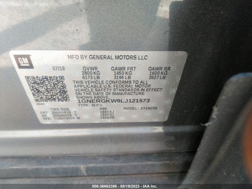 2020 CHEVROLET TRAVERSE LT CLOTH - 1GNERGKW9LJ121573