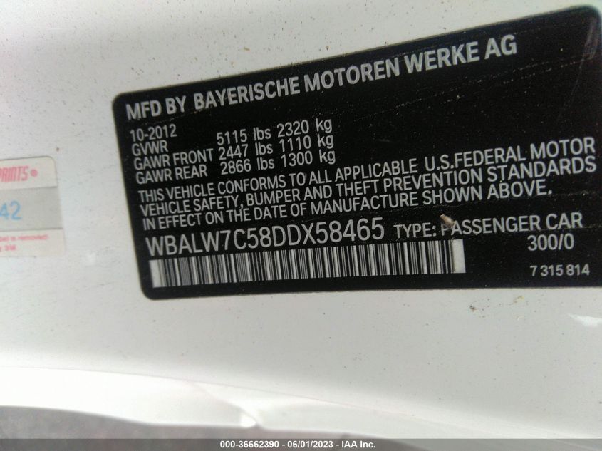 2013 BMW 6 SERIES 640I - WBALW7C58DDX58465