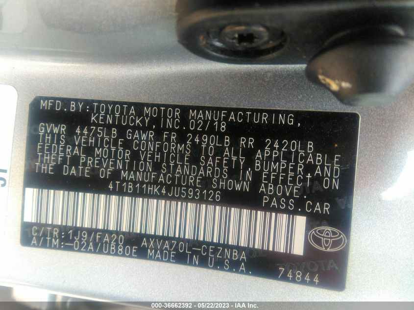 2018 TOYOTA CAMRY LE/SE/XLE/L - 4T1B11HK4JU593126
