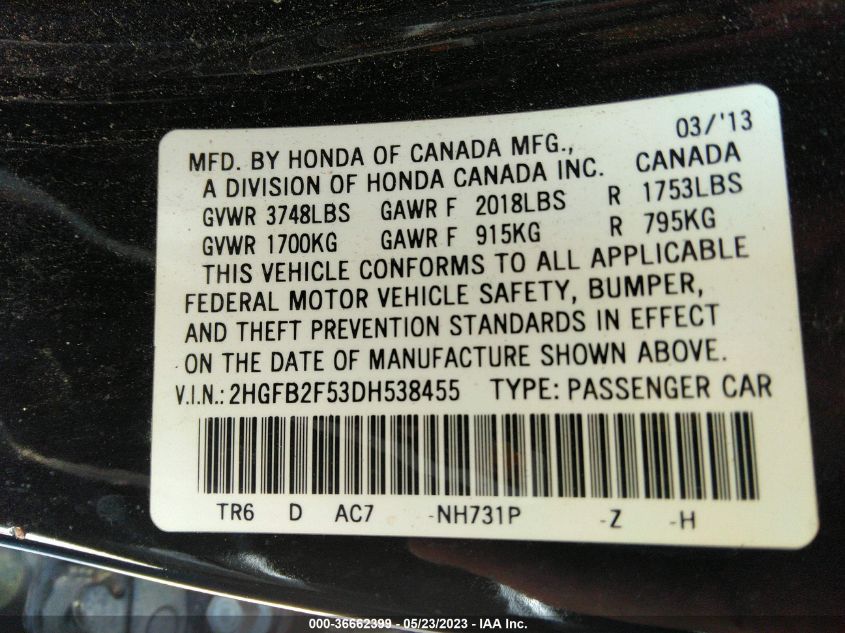 2013 HONDA CIVIC SDN LX - 2HGFB2F53DH538455