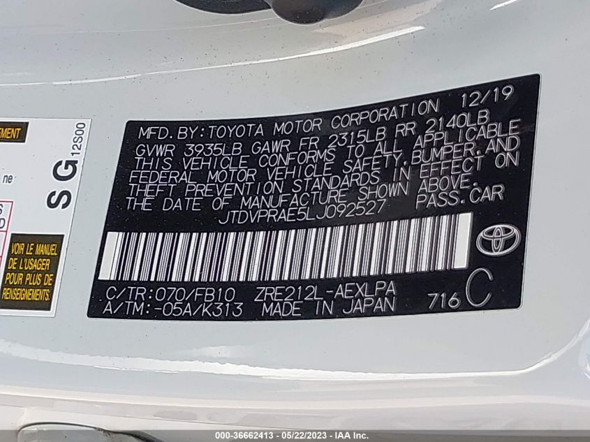 2020 TOYOTA COROLLA LE - JTDVPRAE5LJ092527